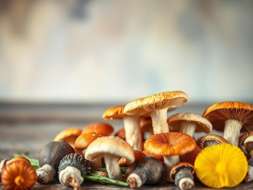 A tranquil still life depicting an assortment of vibrant, fresh mushrooms against a softly defocused backdrop. The mushrooms, varying in size and hue, are arranged in a natural, organic manner, showcasing their intricate textures and shapes. Soft, diffused lighting illuminates the scene, creating a sense of warmth and depth. The overall composition conveys the health benefits and natural properties of these medicinal fungi, inviting the viewer to appreciate their therapeutic potential. The image exudes a serene, contemplative atmosphere, perfectly suited to illustrate the "Safety and Side Effects" section of the article.