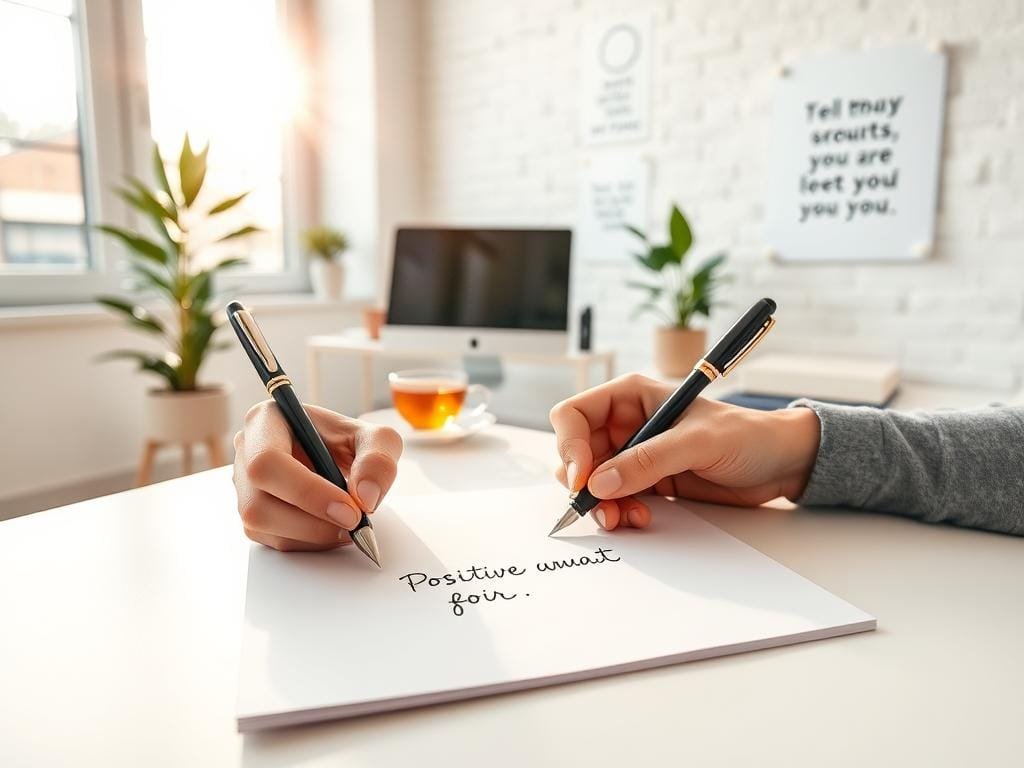 A tranquil workspace with a clean, minimalist design. In the foreground, hands carefully writing positive affirmations on crisp white paper using a high-quality fountain pen. Sunlight streams in through large windows, casting a warm, natural glow. In the middle ground, a desktop with a modern computer, a cup of tea, and a potted plant, creating a serene and focused atmosphere. The background features a whitewashed wall with inspirational artwork or quotes, evoking a sense of intentionality and self-reflection. The overall scene conveys a feeling of productivity, self-care, and the empowering process of crafting one's own positive affirmations.