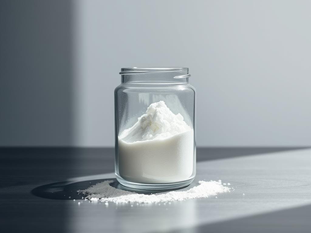 A transparent glass container filled with translucent white creatine powder, resting on a sleek metallic surface. Soft, natural lighting casts gentle shadows, highlighting the crystalline texture of the supplement. In the background, a minimalist, monochromatic environment creates a clean, uncluttered backdrop, allowing the creatine to be the focal point. The overall composition conveys a sense of purity, simplicity, and the potential benefits of this fitness-enhancing substance.