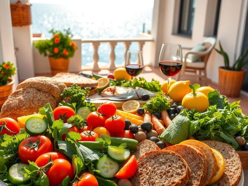 A vibrant and appetizing display of the Mediterranean diet, captured in a stylish, high-resolution photograph. In the foreground, a bountiful arrangement of fresh vegetables, including ripe tomatoes, crisp cucumbers, and leafy greens, alongside whole-grain bread, olives, and a drizzle of fragrant olive oil. In the middle ground, a selection of grilled fish, juicy citrus fruits, and a glass of red wine, all set against a backdrop of a sun-drenched seaside terrace, with whitewashed walls, terracotta tiles, and the distant view of the shimmering azure waters of the Mediterranean. The scene is bathed in warm, natural lighting, creating a sense of health, vitality, and joie de vivre.