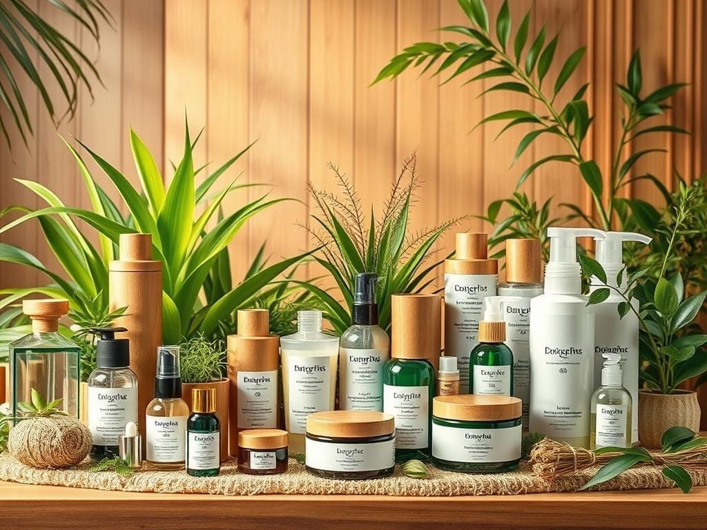 A vibrant and sustainable beauty product display, showcasing an array of eco-friendly packaging. In the foreground, various containers and bottles made from recycled materials, such as glass, bamboo, and plant-based bioplastics, are arranged in a visually appealing manner. The middle ground features lush, verdant plants and natural textures, creating a serene, earthy atmosphere. Soft, warm lighting illuminates the scene, highlighting the natural hues and materials used in the packaging design. The background blends seamless natural elements, such as a wooden backdrop or a subtle landscape, emphasizing the harmony between the products and the environment. The overall composition conveys a sense of natural beauty, sustainability, and a commitment to a greener, more conscious beauty routine.