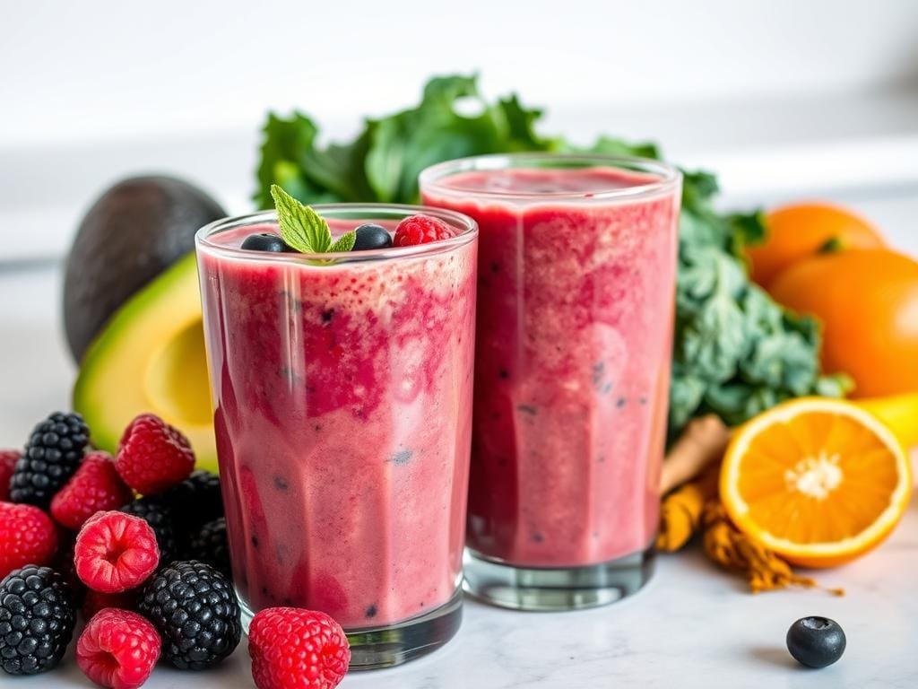 A vibrant array of immunity-boosting superfoods swirling together to create a delightful and nutritious smoothie. In the foreground, a glass filled with a lush, creamy blend of fresh berries, leafy greens, and a touch of honey, captured in soft, natural lighting. In the middle ground, an assortment of the key ingredients - ripe avocado, crisp kale, juicy oranges, and vivid turmeric - arranged in a visually appealing manner. The background features a clean, minimalist kitchen counter, emphasizing the healthy, homemade nature of the smoothie. The overall scene conveys a sense of vitality, wellness, and a desire to nourish the body and mind.