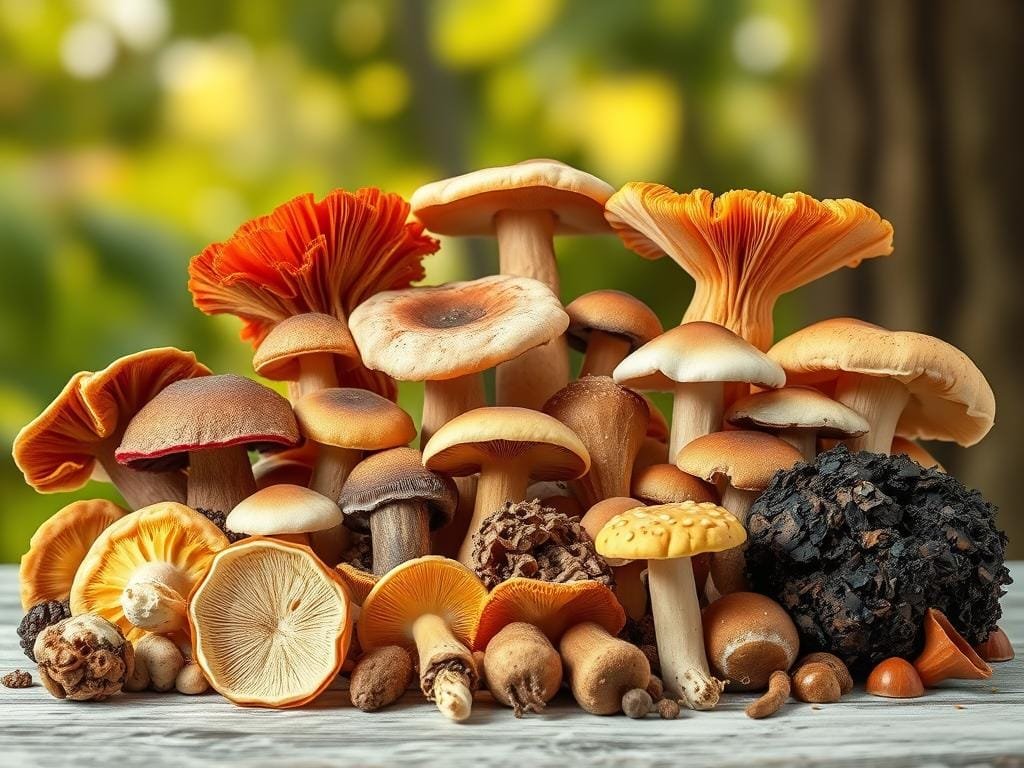 A vibrant array of medicinal mushrooms against a softly blurred natural backdrop. In the foreground, distinct specimens of reishi, lion's mane, chaga, and cordyceps showcase their unique shapes, textures, and colors. The middle ground features a mix of other lesser-known varieties like turkey tail and maitake, arranged in a visually captivating display. Soft, warm lighting from an unseen source illuminates the scene, casting gentle shadows and highlights that emphasize the mushrooms' intricate details. The overall composition conveys a sense of reverence and wonder towards these powerful natural remedies.