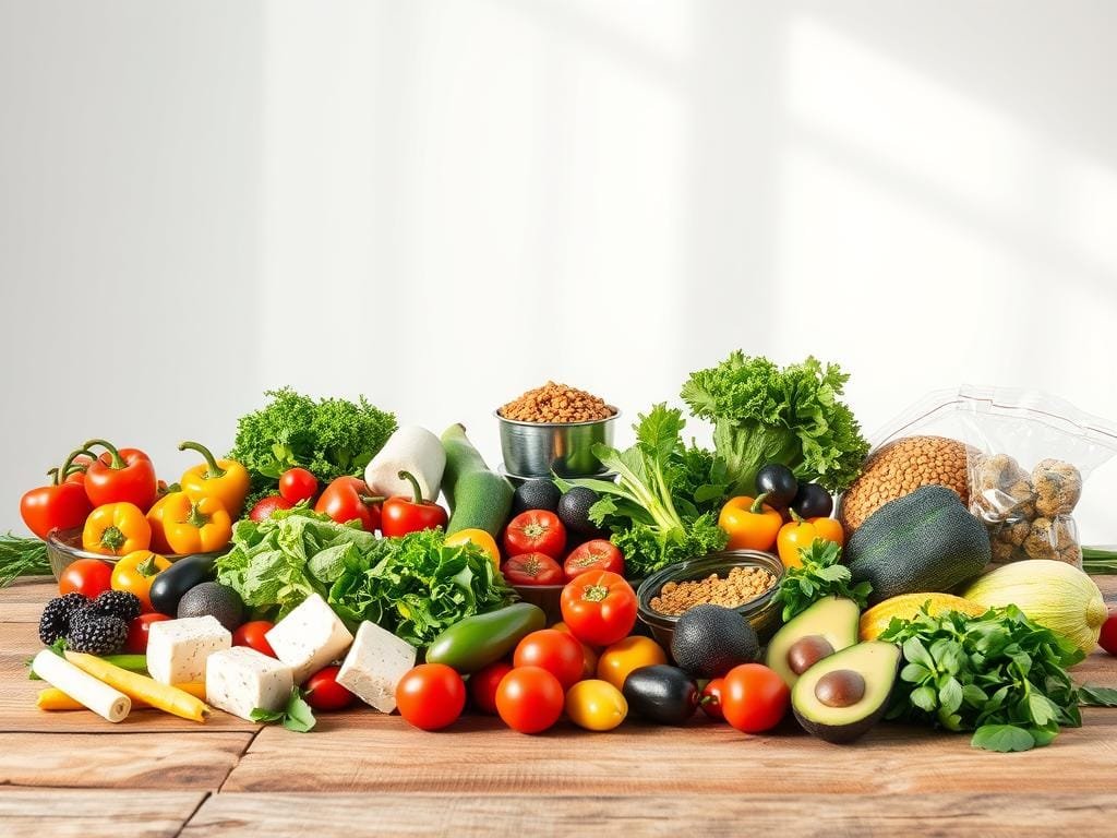 A vibrant array of plant-based foods arranged in a clean, well-lit setting. In the foreground, a selection of fresh vegetables and fruits, such as leafy greens, colorful peppers, and ripe avocados, artfully displayed on a rustic wooden table. In the middle ground, various plant-based protein sources, including tofu, tempeh, and lentils, are neatly organized. The background features a minimalist, airy backdrop, with natural lighting streaming in, creating a warm and inviting atmosphere. The overall composition emphasizes the beauty, diversity, and nutritional value of plant-based alternatives, capturing the essence of the "Rise of Plant-Based Innovations" section of the article.