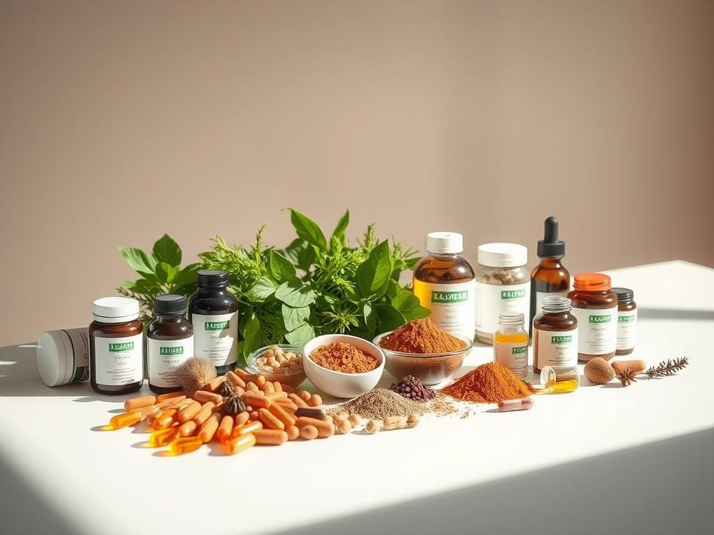 A vibrant assortment of adaptogen supplements laid out on a clean, minimalist table, illuminated by soft, natural lighting. In the foreground, a variety of capsules, powders, and tinctures in earthy tones are neatly arranged, conveying a sense of purity and potency. The middle ground features lush, verdant leaves and herbs, hinting at the natural origins of these remedies. The background subtly fades into a serene, muted backdrop, allowing the supplements to take center stage. The overall composition exudes a sense of balance, wellness, and the harmonious integration of natural elements, reflecting the holistic benefits of adaptogens within the human body.