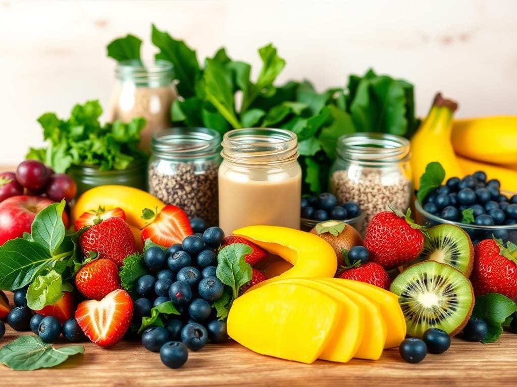 A vibrant assortment of smoothie ingredients arranged in a visually appealing composition on a wooden table. Prominent in the foreground are a variety of fresh fruits such as sliced mango, kiwi, strawberries, and blueberries, accompanied by leafy greens like spinach and kale. In the middle ground, glass jars filled with superfoods like chia seeds, flaxseeds, and protein powder add texture and depth. The background features a clean, neutral-toned backdrop, allowing the colorful ingredients to take center stage. The lighting is soft and natural, creating a warm, inviting atmosphere. The overall scene conveys a sense of health, vitality, and the essential components for crafting nourishing and delicious superfood smoothies.