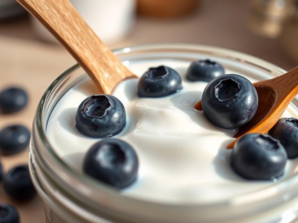 A vibrant, close-up image of a glass jar filled with creamy, thick Greek yogurt. The yogurt's smooth, lustrous surface reflects a soft, natural light, casting subtle shadows. In the foreground, a few fresh, juicy blueberries are scattered atop the yogurt, their deep purple hues creating a delightful contrast. The middle ground features a wooden spoon dipped into the yogurt, gently swirling and revealing its rich, velvety texture. The background depicts a serene, out-of-focus kitchen counter, hinting at a cozy, nourishing atmosphere. The overall scene conveys a sense of health, vitality, and the restorative power of probiotic-rich yogurt.