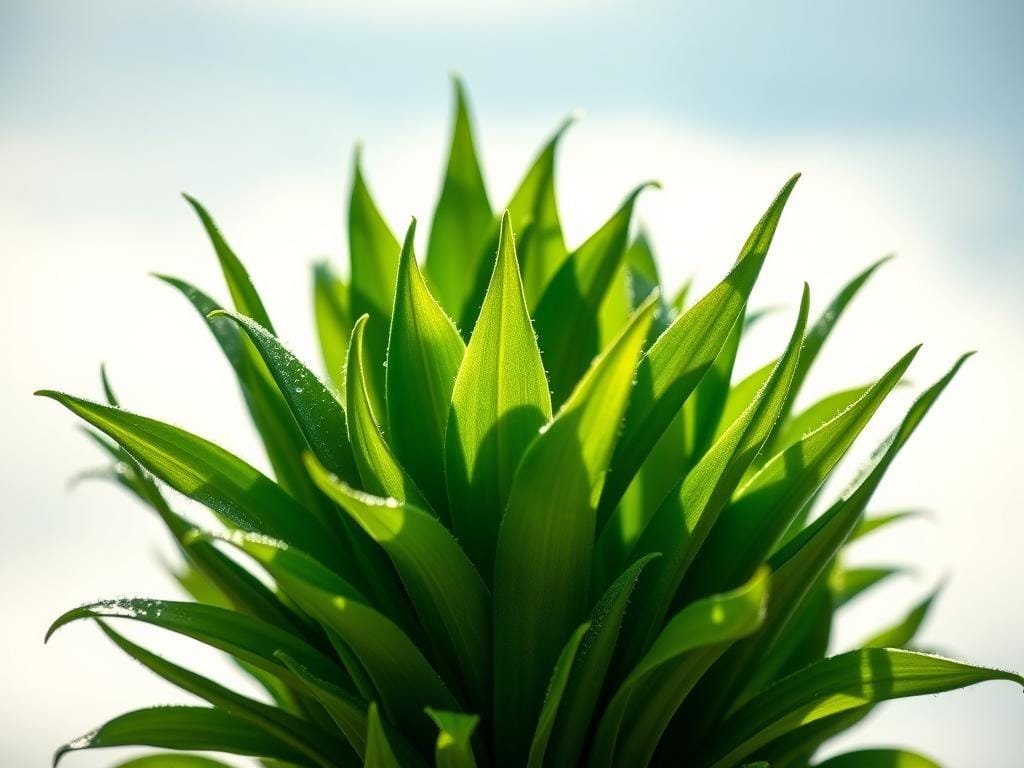 A vibrant close-up of lush green spirulina leaves, glistening with dew, against a soft, out-of-focus background of light blue sky. The leaves are arranged in a radiant, swirling pattern, capturing the natural beauty and nutrient-rich properties of this skin-nourishing superfood. Warm, natural lighting bathes the scene, highlighting the intricate texture and vibrant hues of the spirulina. The overall composition conveys a sense of purity, vitality, and the restorative power of this algae-derived ingredient for healthy, glowing skin.