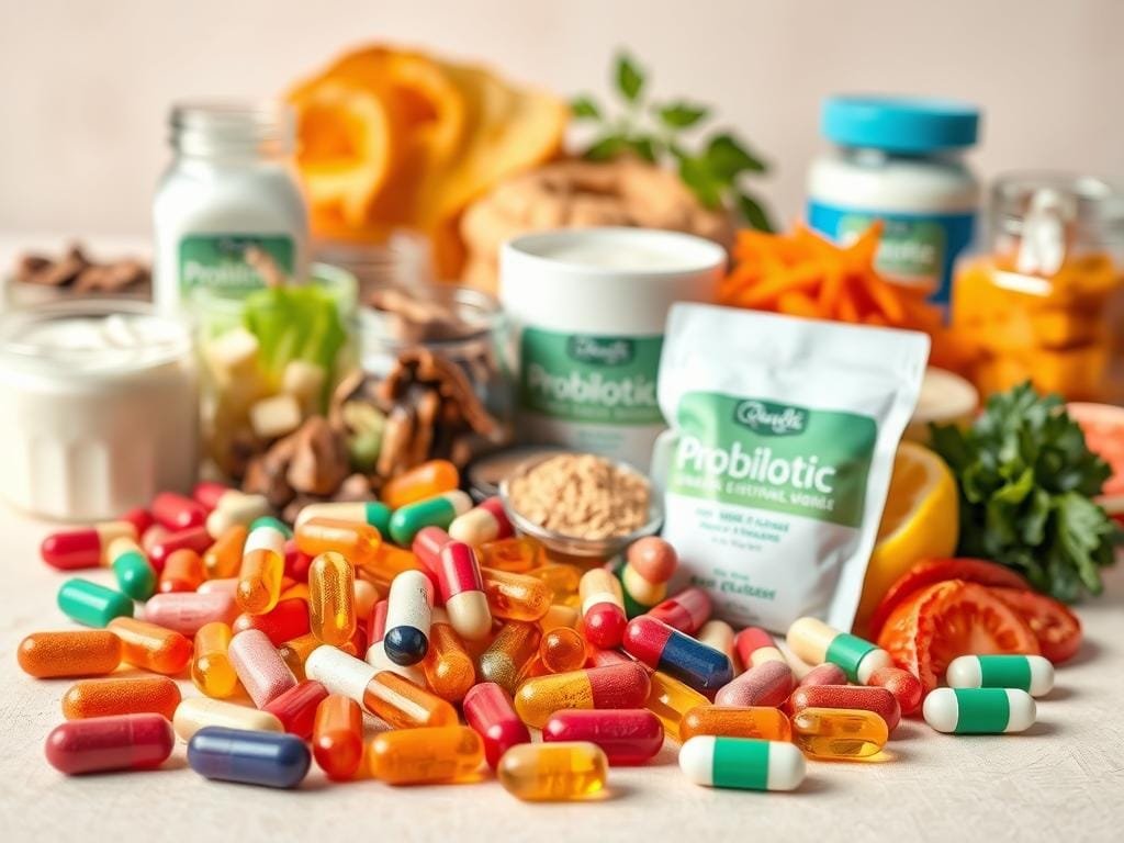 A vibrant, close-up photograph of a variety of probiotic-rich foods and supplements arranged on a clean, light-colored background. In the foreground, prominently featured are colorful capsules, tablets, and powder sachets of various probiotic strains. Behind them, an assortment of fermented foods such as yogurt, kefir, sauerkraut, and kimchi are displayed, their textures and colors creating a visually appealing composition. The lighting is soft and flattering, accentuating the natural tones and highlighting the health-promoting properties of these probiotic-rich elements. The overall mood is one of wellness, vitality, and the powerful connection between gut health and radiant skin. A vibrant, close-up photograph of a variety of probiotic-rich foods and supplements arranged on a clean, light-colored background. In the foreground, prominently featured are colorful capsules, tablets, and powder sachets of various probiotic strains. Behind them, an assortment of fermented foods such as yogurt, kefir, sauerkraut, and kimchi are displayed, their textures and colors creating a visually appealing composition. The lighting is soft and flattering, accentuating the natural tones and highlighting the health-promoting properties of these probiotic-rich elements. The overall mood is one of wellness, vitality, and the powerful connection between gut health and radiant skin.