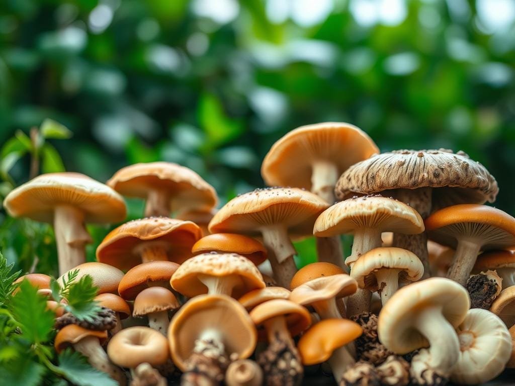 A vibrant, close-up photograph of various fresh, organic mushrooms arranged in the foreground, showcasing their diverse shapes, textures, and earthy tones. In the middle ground, a blurred, out-of-focus background displays lush, verdant foliage, hinting at the natural habitat of these fungi. The lighting is soft and diffuse, casting gentle shadows that accentuate the mushrooms' intricate details. The overall composition is balanced and visually appealing, inviting the viewer to explore the health benefits of these remarkable, medicinal mushrooms.