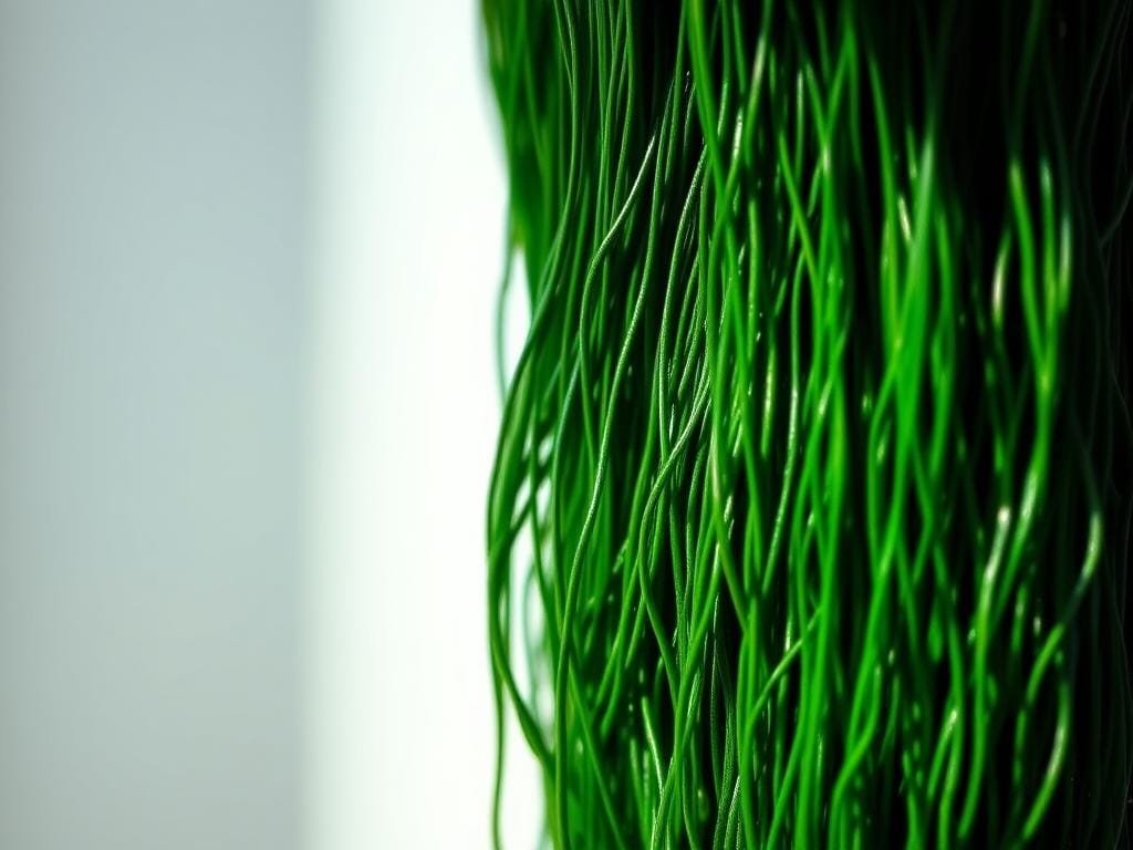 A vibrant, close-up view of a bundle of fresh spirulina algae strands against a soft, blurred background. The algae filaments are a deep, verdant green, with a hint of blue-green hues, appearing lush and nutrient-dense. The lighting is natural and diffused, casting gentle shadows that accentuate the textural details of the spirulina. The composition is balanced, with the spirulina occupying the central focus, framed by a minimal, out-of-focus backdrop that suggests a peaceful, serene environment. The overall mood is one of health, vitality, and the power of this remarkable superfood.