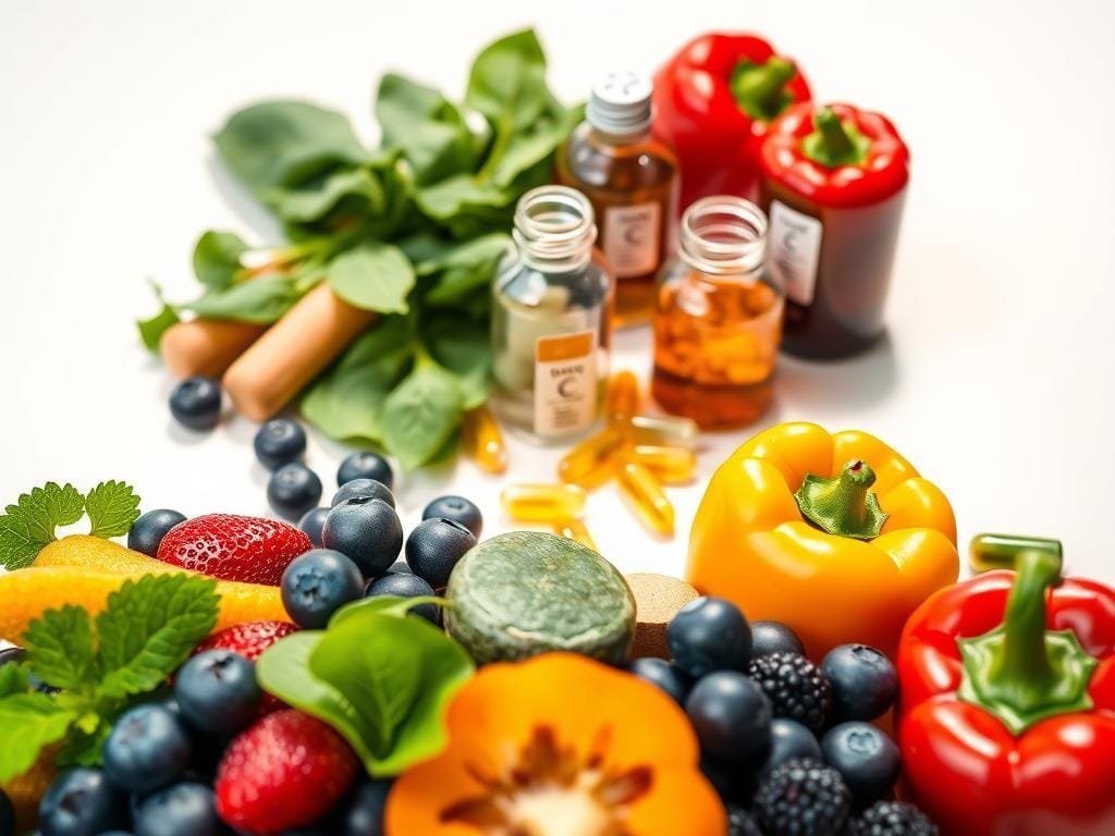 A vibrant, close-up view of a selection of antioxidant-rich foods and supplements arranged artfully on a clean, minimalist background. In the foreground, a variety of colorful fruits and vegetables such as blueberries, kiwi, spinach, and bell peppers, their textures and shapes highlighted by soft, natural lighting. In the middle ground, glass bottles and capsules containing antioxidant supplements like vitamin C, E, and beta-carotene, casting gentle shadows. The background is a neutral, off-white tone, allowing the vibrant produce and supplements to take center stage. The overall composition conveys a sense of health, vitality, and the protective power of antioxidants.