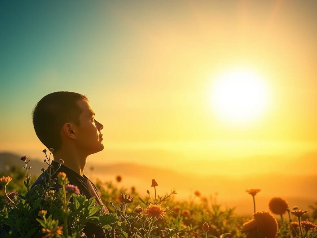 A vibrant depiction of the connection between vitamin D and mental health. In the foreground, a glowing sun casts warm, golden light upon a serene, contemplative figure immersed in thought. The middle ground features a lush, verdant landscape, with delicate flora and fauna symbolizing the nourishing effects of vitamin D. In the background, a hazy, dreamlike horizon suggests the expansive influence of this essential nutrient on the mind and mood. The scene is captured through a soft, diffused lens, evoking a sense of tranquility and inner balance. This image aims to visually convey the profound impact of vitamin D on mental well-being.