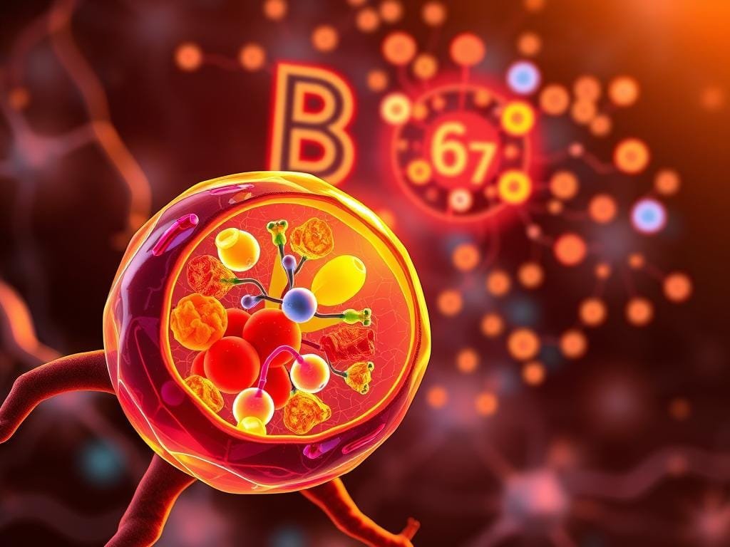 A vibrant, detailed illustration of the essential role of B vitamins in energy metabolism. In the foreground, a cutaway view of a human cell, revealing the intricate biochemical pathways of glycolysis, the citric acid cycle, and oxidative phosphorylation, all fueled by the various B vitamins. In the middle ground, a network of nerves and mitochondria, symbolizing the interconnected nature of energy production and neural function. The background features a stylized, glowing representation of the B vitamin complex, with each vitamin highlighted in its own distinct hue. The entire scene is bathed in a warm, golden light, conveying the vital importance of these essential nutrients for unlocking the body's energy reserves.