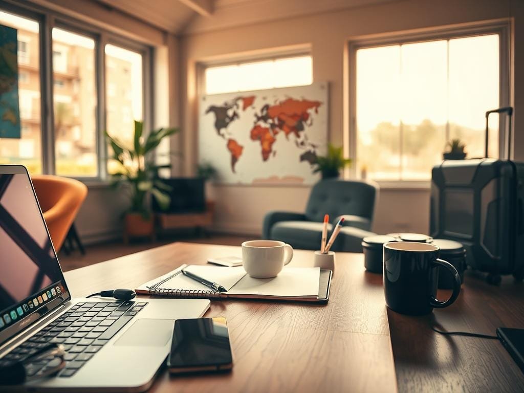 A vibrant digital nomad workspace unfolds, showcasing the essential skills for remote success. In the foreground, a laptop, smartphone, and wireless headphones symbolize the technological mastery needed to stay connected and productive. The middle ground features a neatly organized workspace with a sketchpad, pens, and a mug of coffee, representing the organizational and creative abilities required. In the background, a world map and a suitcase hint at the adaptability and global mindset that define the digital nomad lifestyle. Warm, natural lighting filters through large windows, creating an atmosphere of focus, inspiration, and a sense of boundless opportunity.