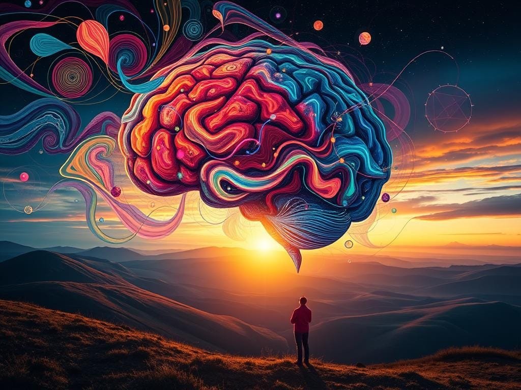 A vibrant, dynamic scene depicting the process of cognitive restructuring. In the foreground, a person's mind is visualized as an intricate labyrinth of thoughts and emotions, represented by a swirling kaleidoscope of colors and shapes. As the viewer's gaze moves deeper into the scene, the labyrinth begins to shift and reorganize, with pathways opening and closing, symbolizing the transformation of thought patterns and the rewiring of neural connections. In the middle ground, a warm, golden light bathes the scene, casting a sense of clarity and enlightenment. The background features a serene, contemplative landscape, with rolling hills and a distant horizon, suggesting a state of inner peace and balance. The overall mood is one of introspection, growth, and the empowering journey of mindset transformation.