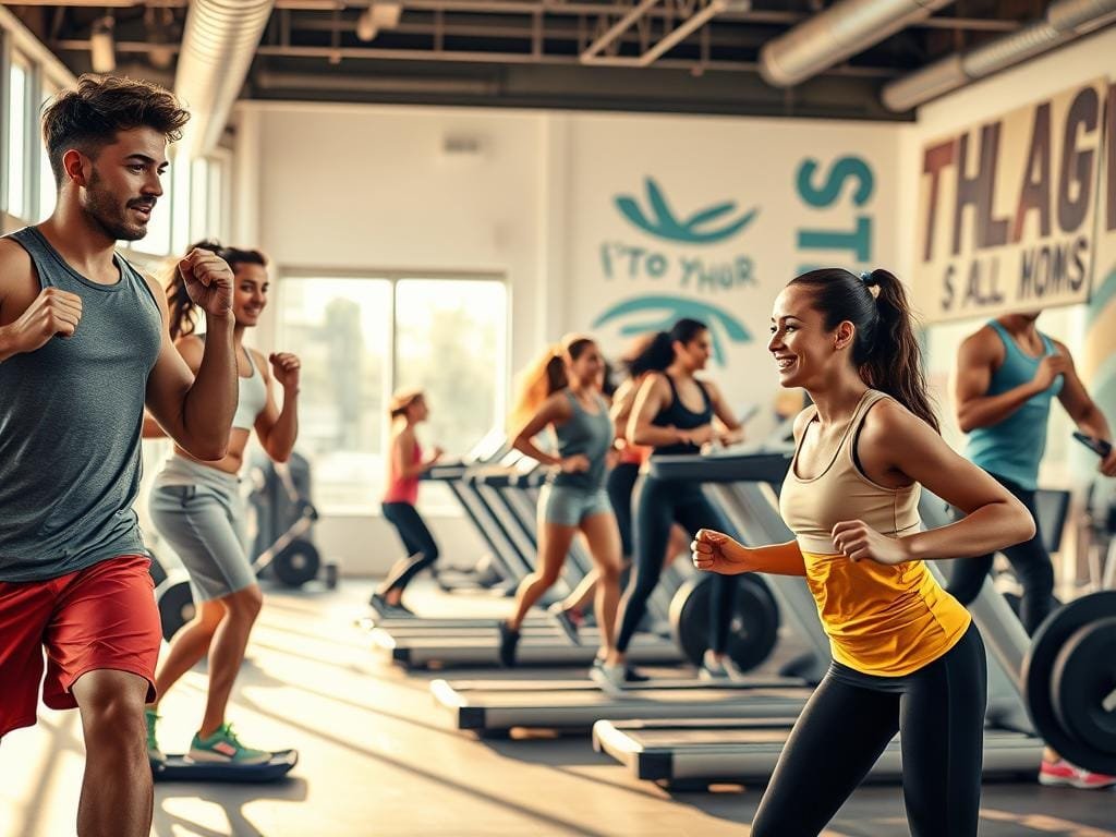 A vibrant, energetic scene of young adults engaged in various fitness activities. In the foreground, a group of friends performing high-intensity interval training, their expressions determined as they push through challenging exercises. In the middle ground, a mix of cardio and strength training, with individuals jogging on treadmills and lifting weights under the warm, natural lighting from large windows. The background features an open, airy gym space with modern equipment and motivational wall art, creating an atmosphere of wellness and community. The overall mood is one of youthful vitality, where fitness is a joyful pursuit and a way of life.