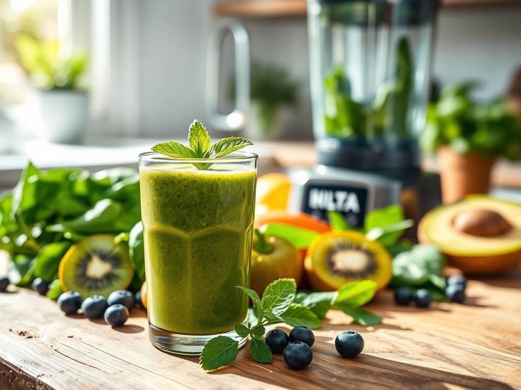 A vibrant, energizing smoothie scene featuring an array of fresh, colorful ingredients. In the foreground, a glass filled with a green smoothie, adorned with a sprig of mint, rests on a rustic wooden table. Surrounding the glass, an assortment of superfoods such as kiwi, blueberries, spinach, and chia seeds are neatly arranged, casting dynamic shadows. In the middle ground, a blender with a transparent pitcher showcases the blending process, hinting at the nutritious, rejuvenating nature of the smoothie. The background is softly blurred, suggesting a light-filled, airy kitchen setting, with natural daylight streaming in from a nearby window. The overall mood is one of vitality, balance, and a wholesome, energizing lifestyle.