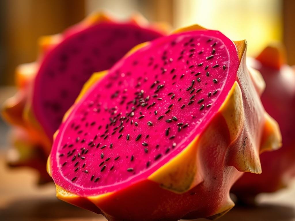 A vibrant, enticing close-up of a freshly sliced dragon fruit, its vivid fuchsia flesh contrasting with the deep green skin peppered with white scales. The fruit is positioned in the foreground, the background slightly blurred to emphasize the juicy, succulent details - the tiny black seeds scattered throughout the flesh, the subtle patterns and textures of the skin. Warm, natural lighting casts a soft glow, enhancing the fruit's alluring appearance. The composition draws the viewer's eye to the center, inviting them to discover the unique, visually striking qualities of this intriguing superfruit.