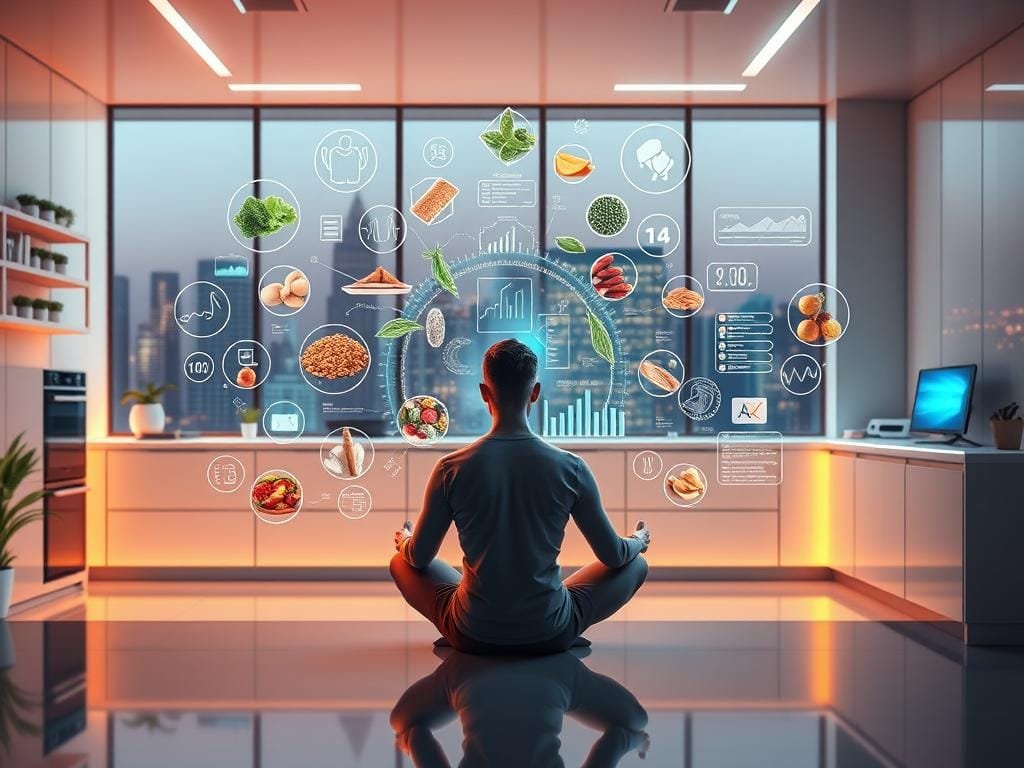 A vibrant, futuristic scene showcasing "nutrition hacking". In the foreground, a person sits cross-legged, surrounded by a holographic display of various nutrient-rich foods, supplements, and biometric data. The middle ground features a sleek, minimalist kitchen counter with state-of-the-art appliances and smart devices, all connected to a central control panel. In the background, a panoramic window overlooks a modern, high-tech cityscape bathed in warm, natural lighting. The atmosphere is one of focus, optimization, and a deep understanding of the human body's inner workings, conveying the idea of biohacking for enhanced performance.