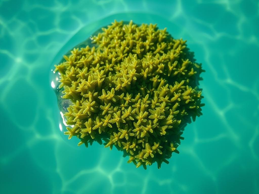A vibrant, high-resolution photograph of authentic, hand-harvested sea moss gently floating in crystal-clear ocean water. The sea moss is a rich, deep green color, with a lush, textured appearance and visible air pockets. The water is a serene, tranquil blue-green hue, creating a calming, natural atmosphere. The scene is bathed in soft, natural lighting that enhances the organic, earthy tones of the sea moss. The camera angle is slightly elevated, capturing the sea moss from an eye-level perspective, allowing the viewer to appreciate its intricate details. The image conveys a sense of freshness, purity, and the pristine quality of the sea moss in its natural habitat.