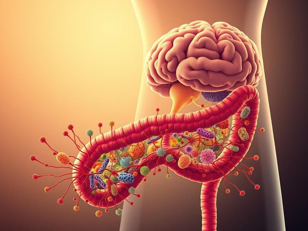 A vibrant illustration of the gut-brain axis, showcasing the intricate connection between the gastrointestinal system and the central nervous system. In the foreground, a cross-section of the gut reveals a lush, diverse microbiome, with colorful bacteria and fungi thriving in a harmonious ecosystem. Radiating from the gut, neural pathways wind their way through the abdomen, weaving a tapestry that connects to the brain in the background, depicted as a highly detailed, three-dimensional organ. The scene is illuminated by a warm, soft light, creating a sense of balance and natural flow, reflecting the symbiotic relationship between the two "brains." The overall composition emphasizes the profound influence the gut microbiome has on cognitive function, mood, and overall well-being.