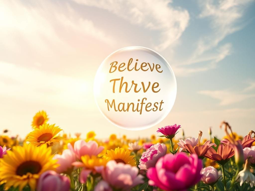 A vibrant, inspiring image of positive affirmations. In the foreground, a luminous crystal sphere hovers, filled with uplifting words like "Believe", "Thrive", "Manifest". Surrounding the sphere, a field of blooming flowers in vibrant hues - sunflowers, peonies, and lilies - symbolizing growth and vitality. In the background, a soothing, pastel gradient sky with wispy clouds, creating a serene, calming atmosphere. Soft, golden lighting illuminates the scene, radiating a sense of warmth and positivity. The composition is balanced and harmonious, inviting the viewer to pause and reflect on the power of affirmations to transform one's mindset and life.