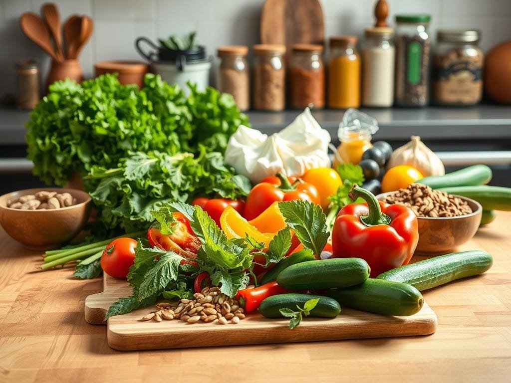 A vibrant kitchen scene with an array of fresh, wholesome ingredients arranged on a wooden table. In the foreground, a cutting board showcases an assortment of colorful vegetables, including leafy greens, vibrant peppers, and crisp cucumbers. Nearby, a bowl overflows with a variety of nuts and seeds, while jars of spices and herbs line the background. The lighting is warm and natural, casting a soft glow over the scene, highlighting the textural details of the foods. The overall composition conveys a sense of balance, simplicity, and the wholesome goodness of an anti-inflammatory meal plan.