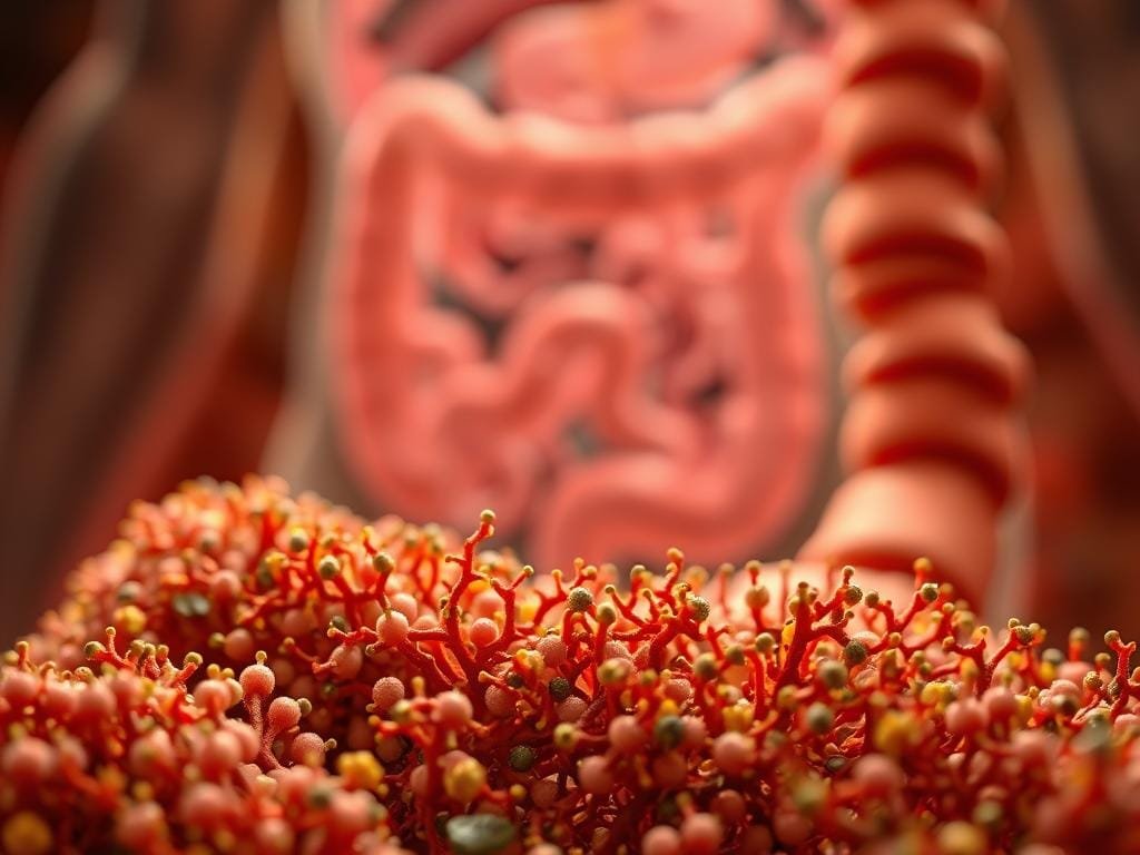 A vibrant, macro-level illustration of the human gut microbiome. In the foreground, a detailed visualization of diverse microbial colonies thriving within the intestinal tract, depicted with a naturalistic, organic aesthetic. The middle ground showcases the complex network of gut-brain interactions, with neural pathways and chemical signals intertwining. In the background, a softly blurred representation of the digestive system, emphasizing the holistic relationship between gut health and overall wellbeing. Warm, earthy tones create a serene, contemplative atmosphere, inviting the viewer to explore the intricate world of the microbiome. Realistic lighting and a shallow depth of field enhance the sense of scientific observation and discovery.