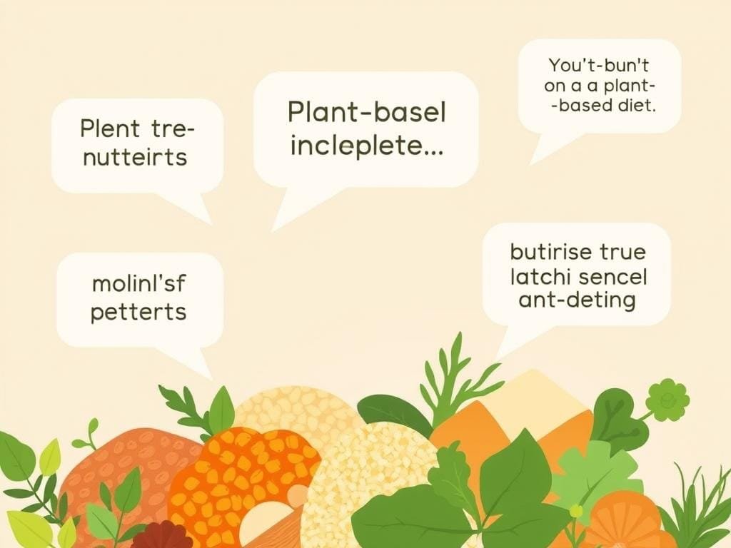 A vibrant, minimalist illustration depicting the debunking of common plant-based protein myths. In the foreground, a botanically accurate illustration of various nutrient-dense plant-based protein sources such as lentils, chickpeas, quinoa, and tofu. In the middle ground, transparent overlapping speech bubbles present and refute common misconceptions, e.g., "Plant proteins are incomplete," "You can't build muscle on a plant-based diet." The background features a soft, muted gradient, allowing the central elements to stand out. The overall composition conveys a sense of clarity, empowerment, and science-based nutrition education. Rendered in a clean, contemporary illustration style with muted, earthy tones.