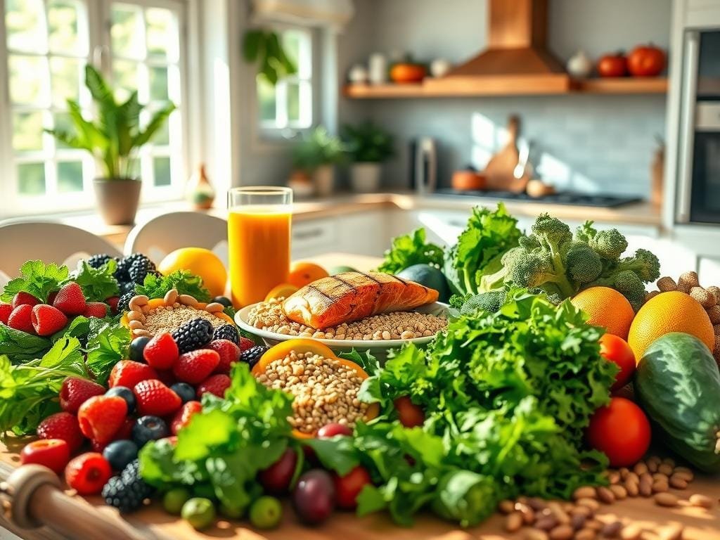 A vibrant, photorealistic image of a bountiful table showcasing the benefits of healthy eating. In the foreground, an assortment of fresh, colorful produce - crisp greens, juicy berries, and crunchy vegetables - arranged artfully. In the middle ground, a glass of freshly squeezed juice and a plate of grilled salmon, surrounded by whole grains and legumes. The background features a sun-dappled kitchen, with natural light streaming in through large windows, creating a warm, inviting atmosphere. The scene exudes a sense of vitality and well-being, conveying the message that a nutritious, balanced diet can support a longer, healthier lifespan.