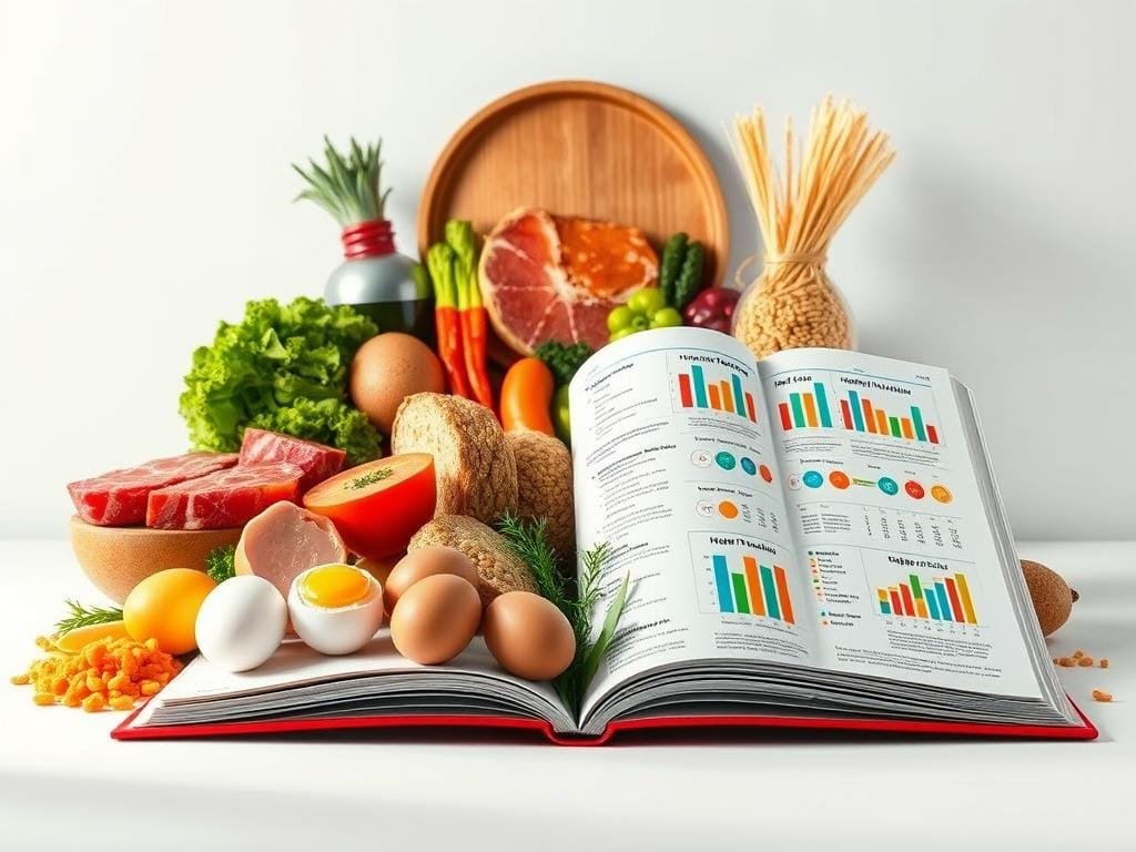 A vibrant, realistic digital illustration depicting a visually striking and informative nutrition guide for fat loss and muscle gain. In the foreground, an open nutrition book displays detailed charts, graphs, and nutritional information. The middle ground features various healthy, high-protein foods such as lean meats, eggs, vegetables, and whole grains, arranged in an aesthetically pleasing composition. The background showcases a clean, minimalist design with soft, diffused lighting, creating a sense of clarity and focus. The overall tone is educational, inspiring, and visually captivating, effectively conveying the key concepts of the "Nutrition Strategies to Burn Fat While Building Muscle" section.