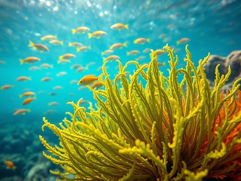 A vibrant seascape with a central focus on a lush, verdant sea moss plant. The sea moss is illuminated by warm, natural lighting, its fronds gently swaying in a gentle underwater current. In the background, a school of tropical fish dart through the crystal-clear waters, adding a sense of life and movement. The overall composition conveys the health and vitality of the sea moss, highlighting its potential as a beneficial superfood. The scene is captured with a wide-angle, high-resolution lens, creating a sense of depth and immersion for the viewer.
