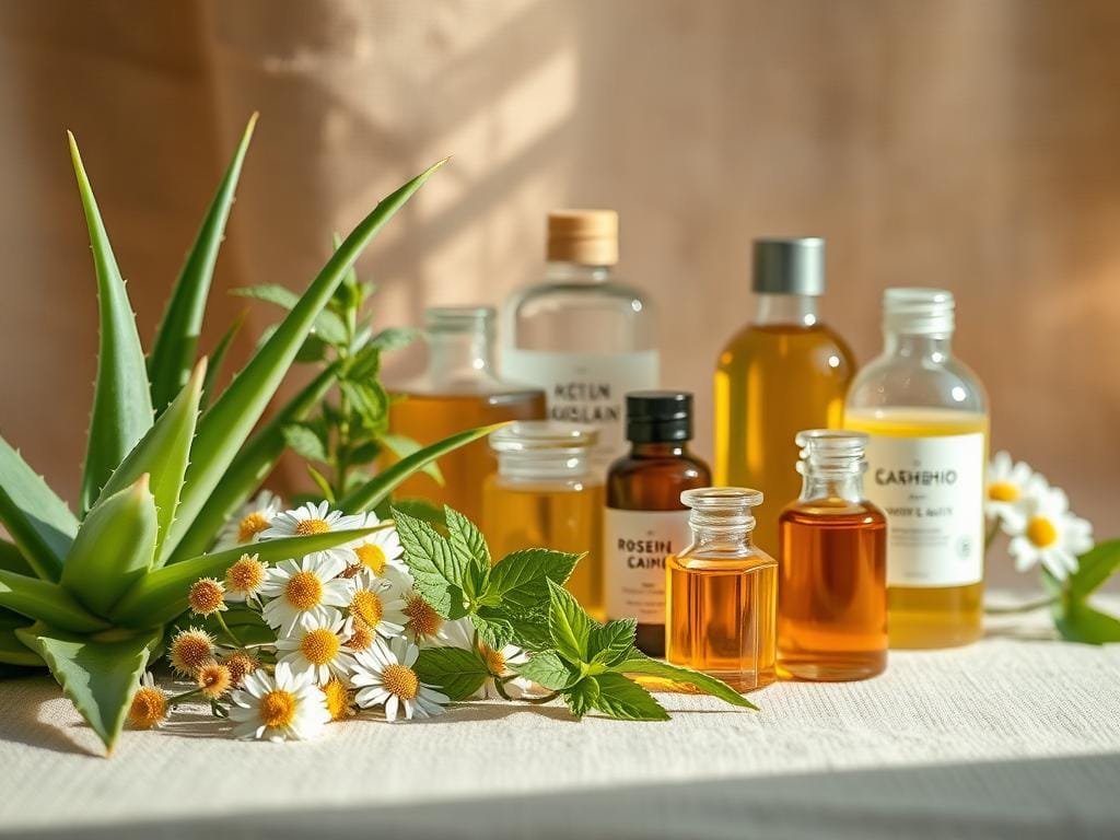A vibrant still life arrangement showcasing a collection of clean beauty ingredients. In the foreground, a selection of natural botanicals including aloe vera leaves, chamomile flowers, and mint sprigs, gently illuminated by soft, diffused lighting. In the middle ground, various glass jars and bottles filled with pure, plant-based oils and extracts, such as rosehip, marula, and jojoba, casting gentle reflections. The background features a warm, earthy texture, perhaps a wooden surface or linen cloth, creating a soothing, spa-like ambiance. The overall composition radiates a sense of purity, wellness, and the power of nature-derived ingredients for a toxin-free beauty routine.