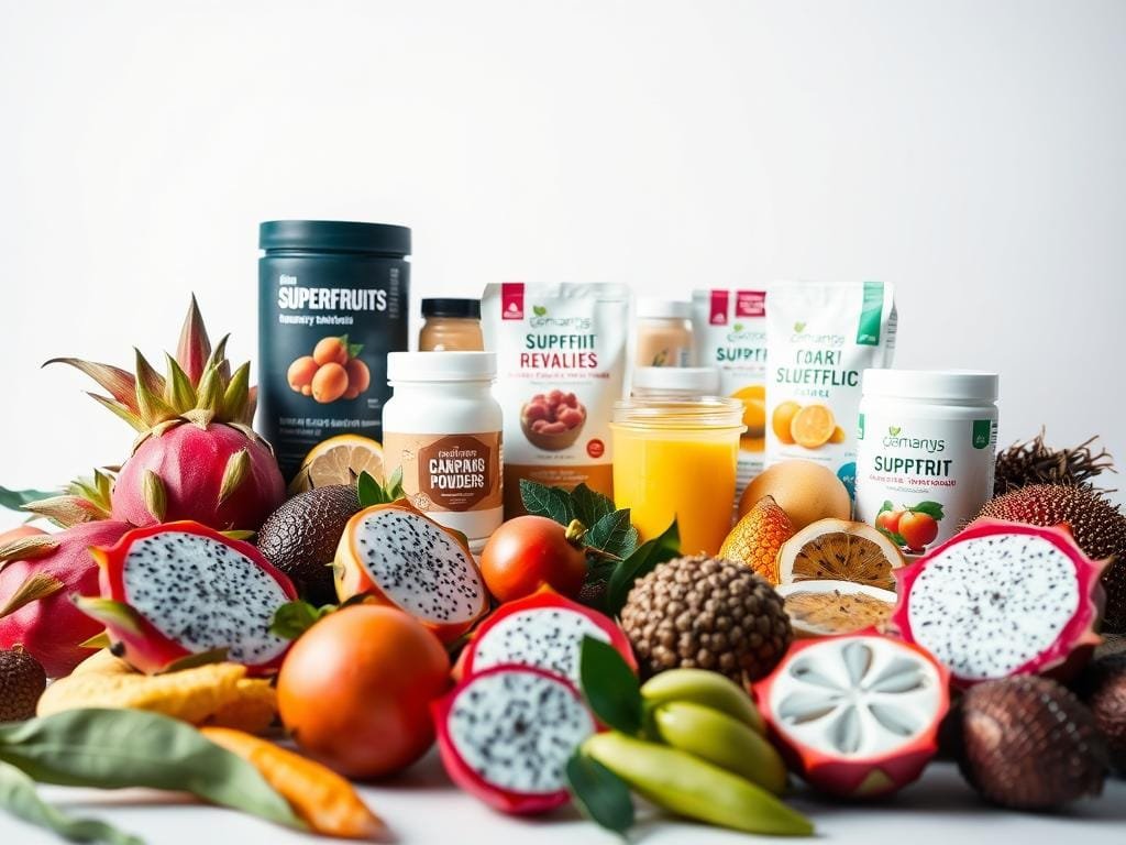 A vibrant still life capturing an array of superfruits products. In the foreground, an assortment of exotic fruits like dragon fruit, pitaya, and rambutan are arranged artfully, their vibrant colors and unique textures drawing the eye. In the middle ground, various packaged superfruits powders, juices, and supplements are displayed, showcasing the diverse ways these nutrient-dense ingredients can be incorporated into everyday diets. The background features a clean, minimalist setting with soft, even lighting, allowing the superfruits to take center stage. The overall composition conveys a sense of health, vitality, and the excitement of discovering the next generation of superfoods.