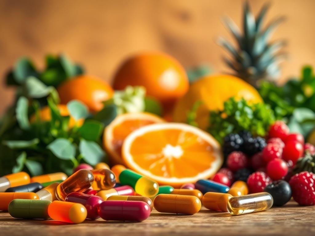 A vibrant still life capturing the essence of antioxidant vitamins. In the foreground, an assortment of colorful capsules, softly lit from the side, casting gentle shadows. In the middle ground, an arrangement of fresh produce - juicy oranges, leafy greens, and vibrant berries. The background is a warm, textured surface, creating a cozy, natural atmosphere. The lighting is soft and diffused, accentuating the rich hues and textures of the vitamins and produce. The composition is balanced and visually appealing, inviting the viewer to appreciate the importance of these essential nutrients.