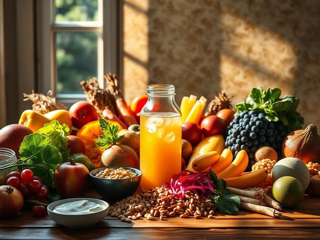 A vibrant still life composition depicting a balanced diet and its connection to gut health. In the foreground, an array of diverse whole foods - fresh fruits, vegetables, grains, legumes, and fermented items like yogurt and sauerkraut - arranged harmoniously on a wooden table. Dappled natural lighting filters through a window, casting warm hues and gentle shadows that accentuate the textures and colors. In the middle ground, a transparent glass jar filled with probiotic-rich kombucha, its effervescent bubbles gently rising. The background features a soothing, earthy-toned abstract wallpaper pattern, hinting at the intricate microbial world within a healthy gut. The overall mood is one of nourishment, vitality, and the synergistic relationship between diet and gut wellness.
