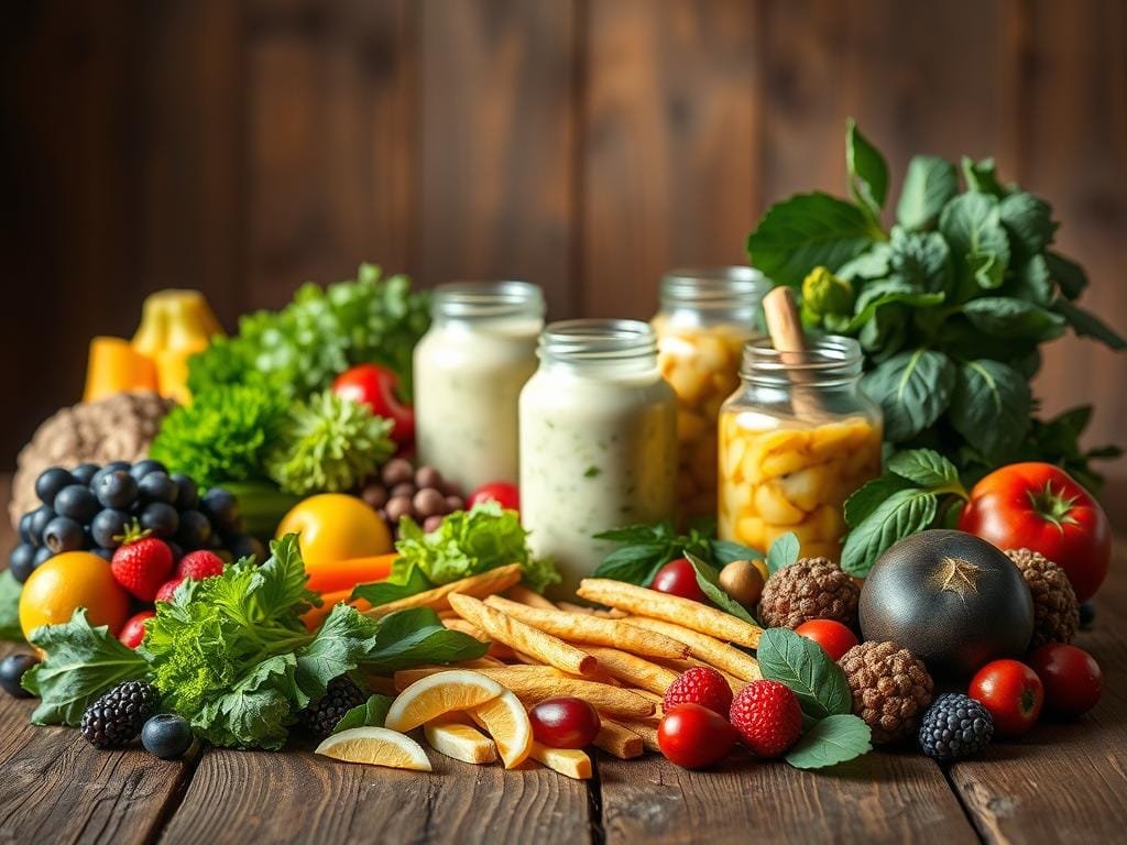 A vibrant still-life composition featuring an array of gut-healthy foods arranged on a rustic wooden table. In the foreground, an assortment of fresh produce - leafy greens, colorful berries, and crunchy vegetables - symbolizing the foundations of a microbiome-boosting diet. In the middle ground, glass jars filled with probiotic-rich fermented foods, such as sauerkraut and kefir, create a sense of balance and harmony. The background is softly lit, casting a warm, natural glow that enhances the earthy tones and textures of the scene. The overall mood is one of nourishment, vitality, and a deep connection to the earth's bounty, inspiring a sense of wellness and wholeness.