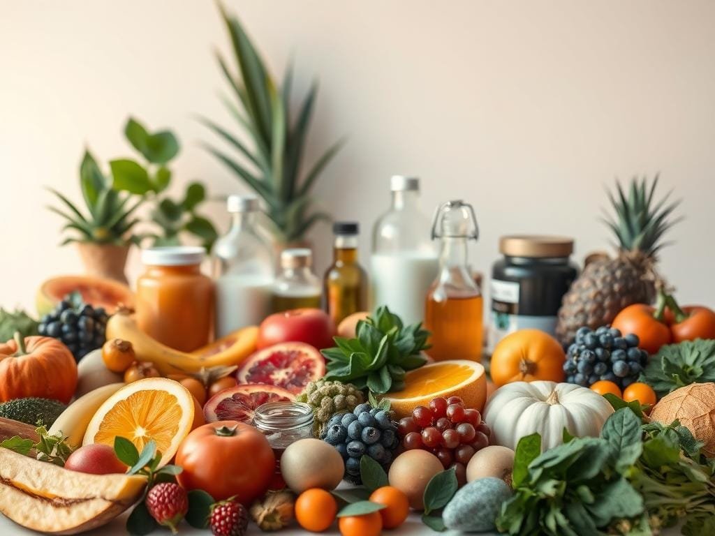 A vibrant still life composition showcasing an array of nourishing superfoods and supplements. In the foreground, an assortment of fresh fruits, vegetables, and herbs are artfully arranged, radiating a warm, natural glow under soft, diffused lighting. In the middle ground, various glass jars and bottles filled with powders, oils, and capsules stand as symbols of inner wellness and radiant skin. The background features a clean, minimalist backdrop, allowing the vibrant colors and textures of the ingredients to take center stage. The overall scene conveys a sense of balance, purity, and the profound connection between skincare and proper nutrition.