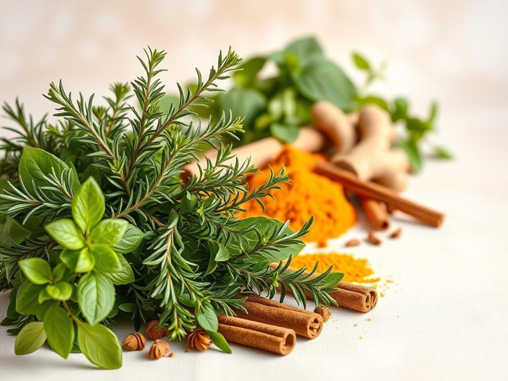 A vibrant still life composition showcasing an assortment of anti-inflammatory herbs. In the foreground, a cluster of fresh green leaves and sprigs, including rosemary, thyme, oregano, and basil, arranged in a natural, organic manner. The middle ground features colorful spices like turmeric, ginger, and cinnamon sticks, their warm hues complementing the herbs. In the background, a soft, airy backdrop with gentle lighting creates a soothing, natural ambiance, highlighting the earthy tones and textures of the botanical elements. The overall scene evokes a sense of wellness, vitality, and the natural healing properties of these anti-inflammatory ingredients.