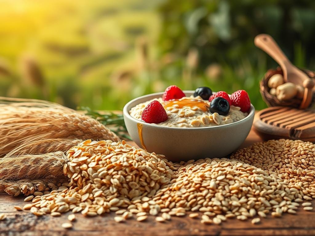 A vibrant still life depicting the essential role of carbohydrates in the human diet. In the foreground, a variety of whole grains such as wheat, oats, and brown rice spill across a rustic wooden table, their rich textures and earthy tones conveying their nutrient-dense nature. In the middle ground, a steaming bowl of hearty oatmeal, garnished with fresh berries and a drizzle of honey, symbolizing the versatility of carbohydrates in providing sustained energy and nourishment. The background features a lush, verdant landscape, suggesting the natural origins of these vital macronutrients. Warm, diffused lighting illuminates the scene, creating a sense of warmth and wholesome abundance. Captured with a shallow depth of field, the image focuses the viewer's attention on the central role of carbohydrates in a balanced, healthy diet.