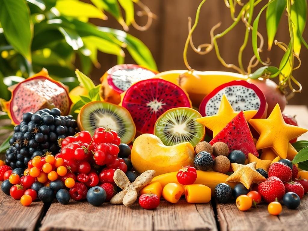 A vibrant still life featuring an assortment of superfruits arranged on a rustic wooden table. In the foreground, an array of exotic berries such as goji, acai, and golden berries burst with color and texture. In the middle ground, slices of dragon fruit, kiwi, and star fruit create a visually striking display. The background showcases lush, verdant leaves and tendrils, suggesting a healthy, natural setting. Warm, natural lighting illuminates the scene, casting soft shadows and highlights to accentuate the fruits' vibrant hues. The overall composition evokes a sense of freshness, vitality, and the allure of these nutritious superfruits, inviting the viewer to explore their health benefits and culinary potential.