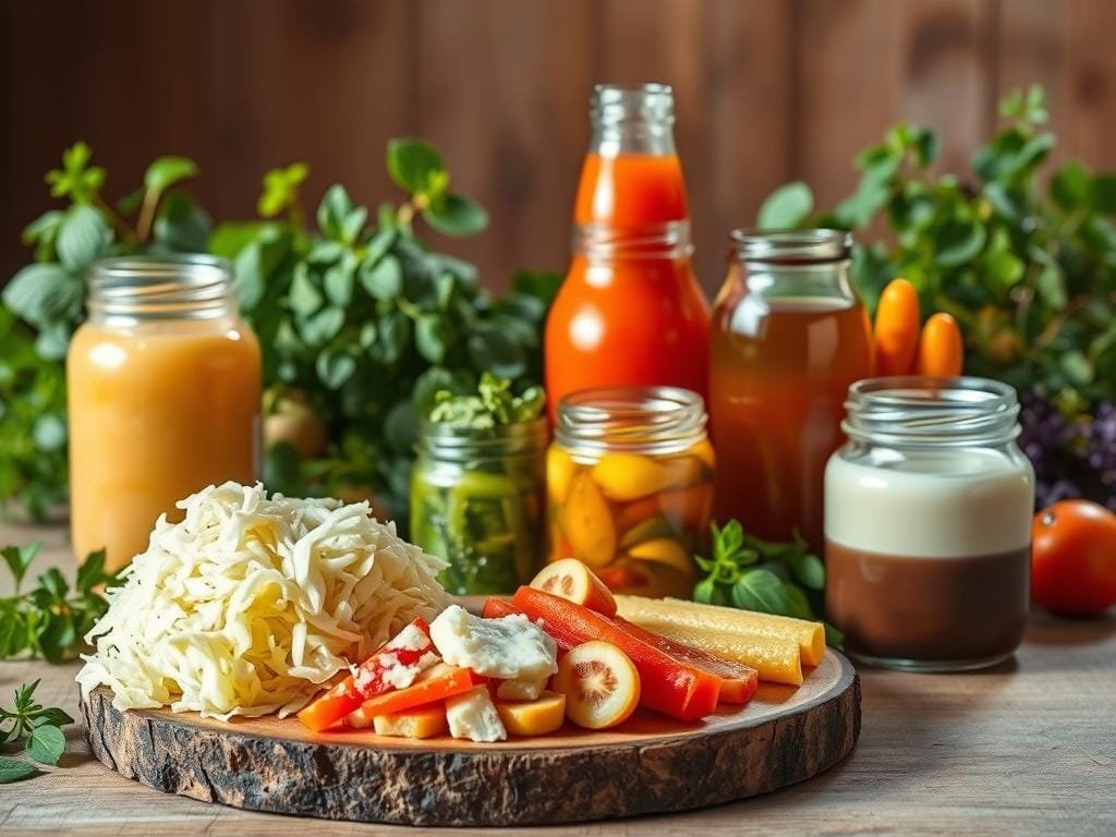 A vibrant still life of fermented gut health superfoods, bathed in warm, natural lighting. In the foreground, a rustic wooden board showcases a variety of fermented foods - tangy sauerkraut, probiotic-rich kefir, and savory miso paste. Jars of kombucha and pickled vegetables occupy the middle ground, their vibrant colors and textures contrasting with the earthy tones of the background. A lush, verdant backdrop of leafy greens and herbs suggests the nourishing, organic nature of these gut-healing ingredients. The composition is balanced and visually appealing, inviting the viewer to explore the wealth of beneficial microbes and nutrients within these fermented superfoods.