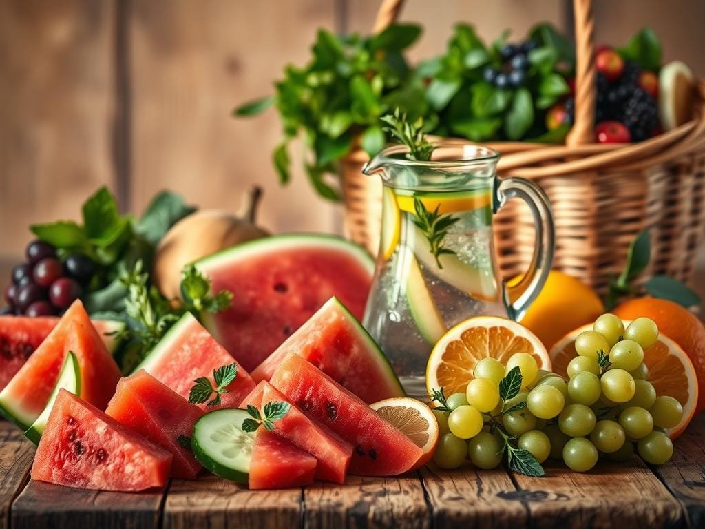 A vibrant still life of nourishing, hydrating foods arrayed on a rustic wooden table. In the foreground, a variety of juicy, vibrant fruits and vegetables - sliced watermelon, cucumber spears, plump grapes, and succulent orange wedges. In the middle ground, a glass pitcher brimming with infused water, garnished with fresh herbs. The background features earthy tones, with a woven basket overflowing with leafy greens and colorful berries. The scene is illuminated by warm, diffused natural light, casting a soft, inviting glow. The overall atmosphere is one of refreshment, vitality, and the abundant goodness of nature's hydrating bounty.
