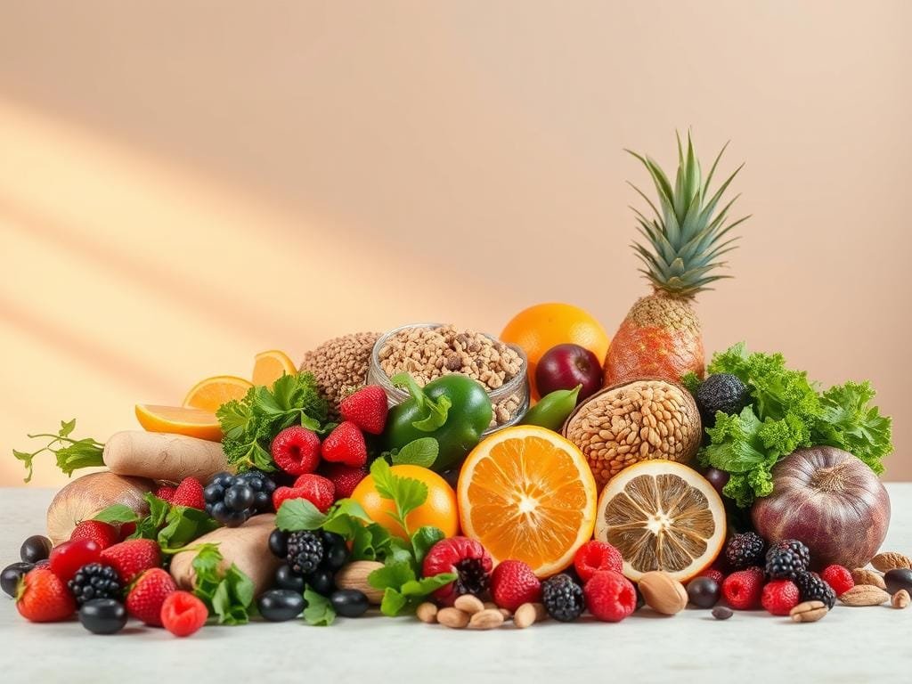 A vibrant still life showcasing an array of delectable plant-based foods against a softly lit, minimalist background. In the foreground, a medley of fresh fruits and vegetables - juicy berries, crisp greens, earthy root vegetables, and vibrant citrus - artfully arranged. In the middle ground, various grains, legumes, and nuts, providing texture and hearty substance. The background subtly fades to a neutral tone, allowing the natural colors and forms of the ingredients to take center stage. Warm, diffused lighting casts a gentle glow, highlighting the inherent beauty and nourishing qualities of this vegan tableau.