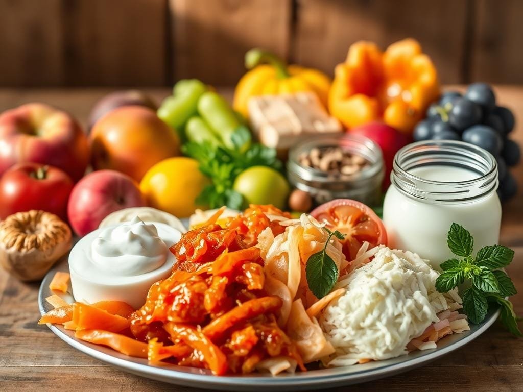 A vibrant still life showcasing an assortment of probiotic-rich foods, bathed in soft, natural lighting. In the foreground, a platter overflows with fermented delicacies - tangy yogurt, creamy kefir, crunchy sauerkraut, and zesty kimchi. The middle ground features a selection of fresh fruits and vegetables, their colors and textures complementing the fermented items. In the background, a wooden table or rustic surface provides an earthy, grounded foundation. The scene evokes a sense of nourishment, vitality, and the power of beneficial bacteria to support gut health and overall well-being.