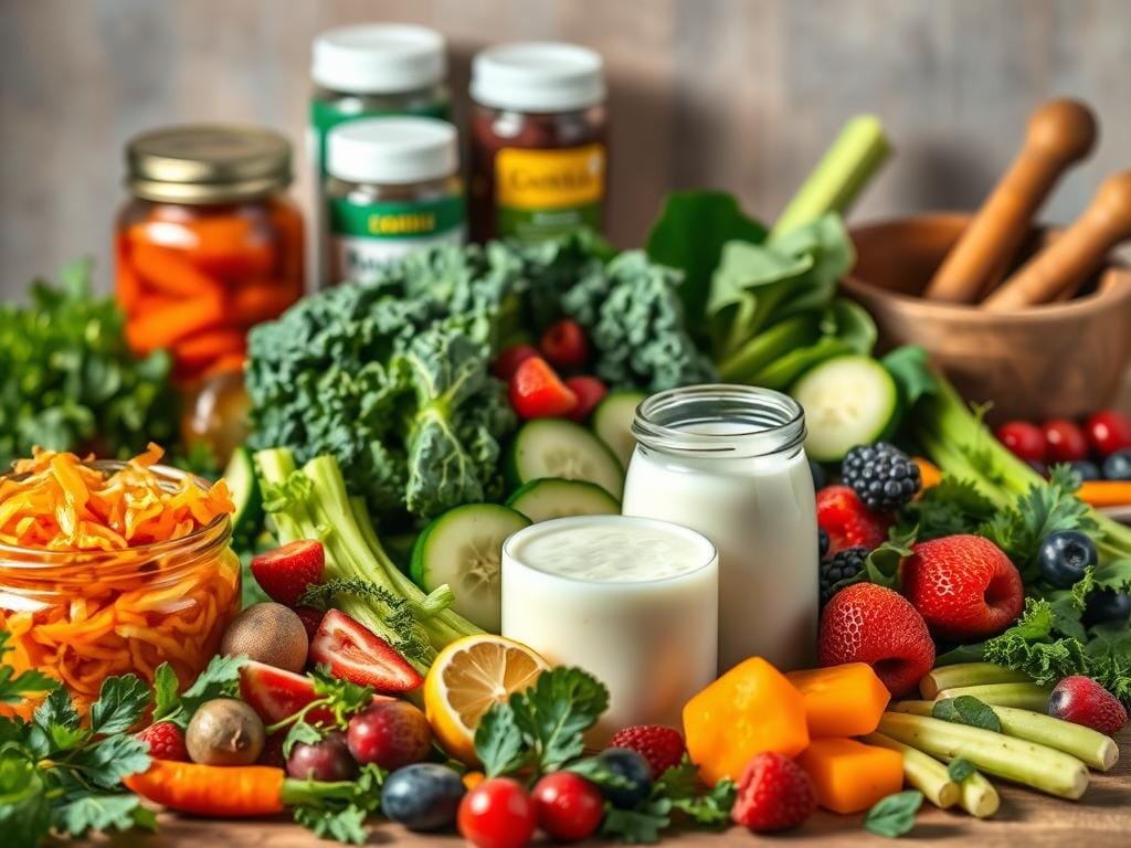 A vibrant still life showcasing the key components of a gut-health-promoting diet. In the foreground, a selection of fermented foods like sauerkraut, kimchi, and kefir, their colors and textures popping under warm, diffused lighting. In the middle ground, an assortment of fresh greens, vegetables, and fruits - leafy kale, crisp cucumbers, juicy berries - arranged in a balanced, appetizing manner. The background features jars of probiotic supplements and a mortar and pestle, hinting at the deeper scientific understanding of the gut-brain connection. The overall mood is one of wellness, vitality, and the nourishing power of a thoughtfully curated dietary approach.