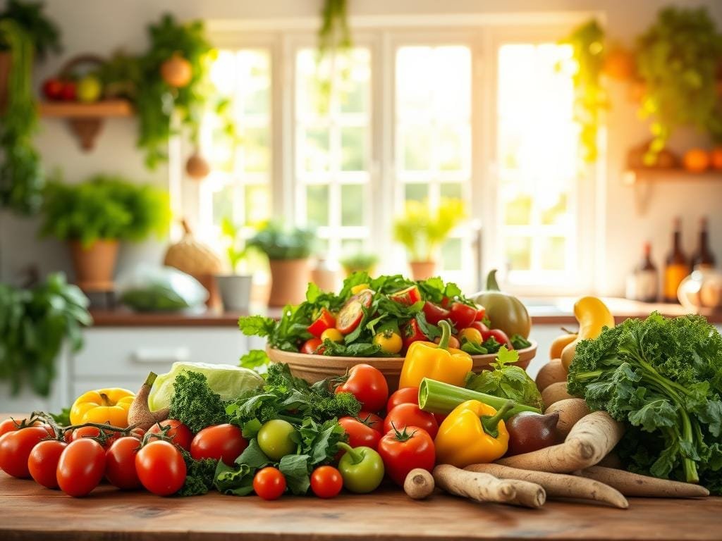 A vibrant, sun-dappled kitchen scene with an abundance of fresh, colorful produce. In the foreground, a wooden table is laden with a bountiful spread of seasonal fruits and vegetables - juicy tomatoes, crisp greens, vibrant bell peppers, and earthy root vegetables. The middle ground features a large bowl overflowing with a hearty salad, dressed in a light vinaigrette. In the background, a large window floods the space with warm, natural light, casting a soft glow on the scene. The overall mood is one of wellness, vitality, and the joy of nourishing oneself with wholesome, nutrient-dense foods.
