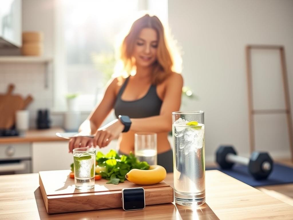 A vibrant, sun-lit kitchen scene. In the foreground, a stylish woman in athleisure wear prepares a healthy meal, chopping fresh vegetables on a wooden cutting board. The middle ground features a sleek fitness tracker on her wrist and a glass of infused water, symbolizing her commitment to an active, wellness-focused lifestyle. In the background, a minimalist home gym setup with dumbbells and a yoga mat, conveying a sense of balance between nutrition and exercise. The overall mood is one of positivity, empowerment and a holistic approach to sustainable weight loss.