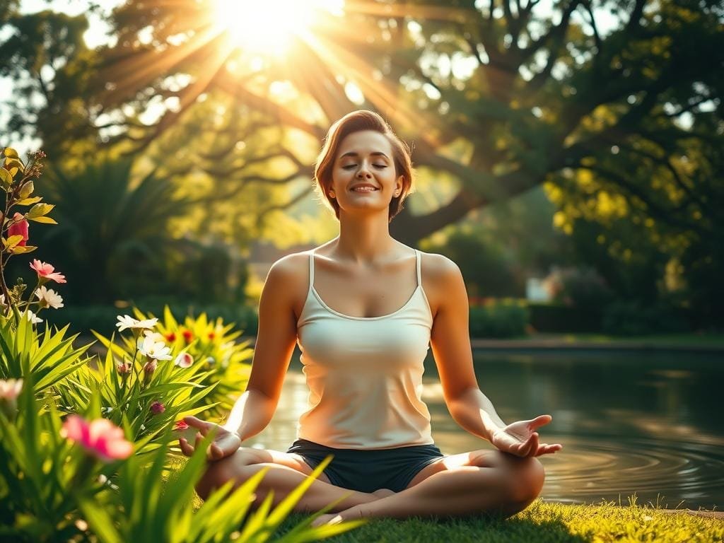 A vibrant, sunlit scene of a person sitting in a serene garden, radiating a positive, uplifted mindset. The foreground features the figure in a meditative pose, eyes closed, a serene expression on their face, surrounded by lush greenery and blooming flowers. The middle ground showcases a tranquil pond with gentle ripples, reflecting the warm, natural lighting. In the background, a towering tree canopy filters the sunlight, creating a warm, diffused glow that envelops the entire scene. The atmosphere is one of tranquility, inner peace, and a deep sense of gratitude and contentment.